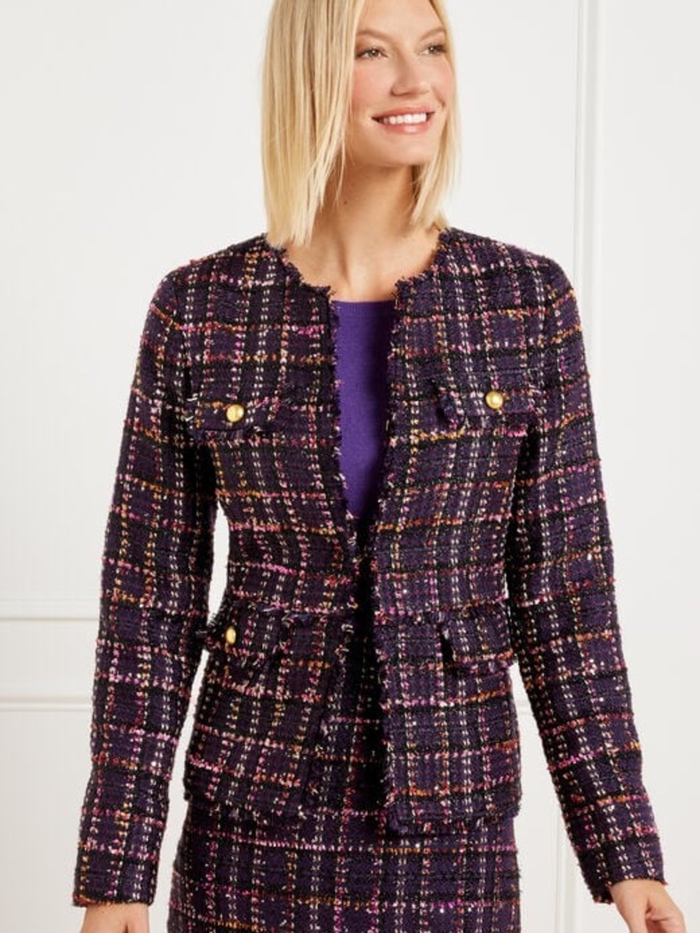 Talbots Purple Plaid Tweed Collarless Jacket with Gold Buttons